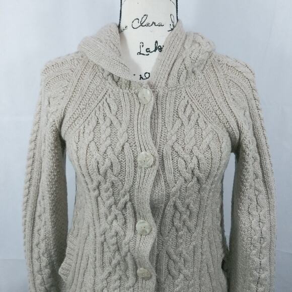 INIS CRAFTS IRELAND Merino Wool Oatmeal Button Down Hooded Cable Knit Sweater S - Picture 4 of 11